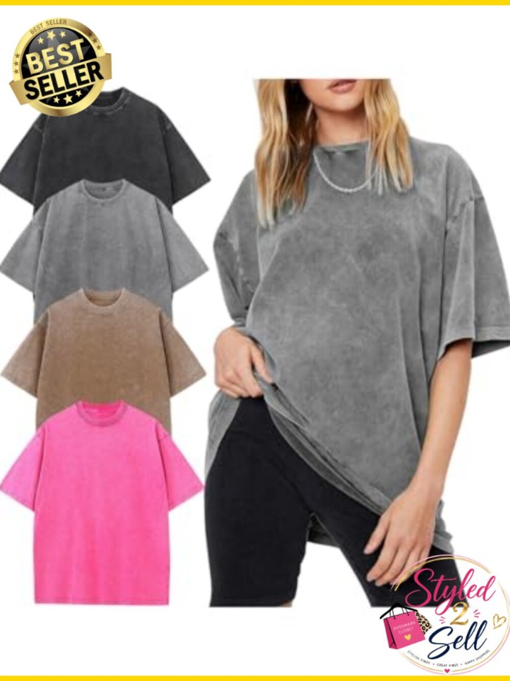 Oversized Acid Wash T-Shirt 4 Pack Cotton Loose Fit Boyfriend Tee